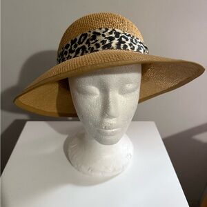 Straw Sun Hat with Leopard Scarf Accent - Natural